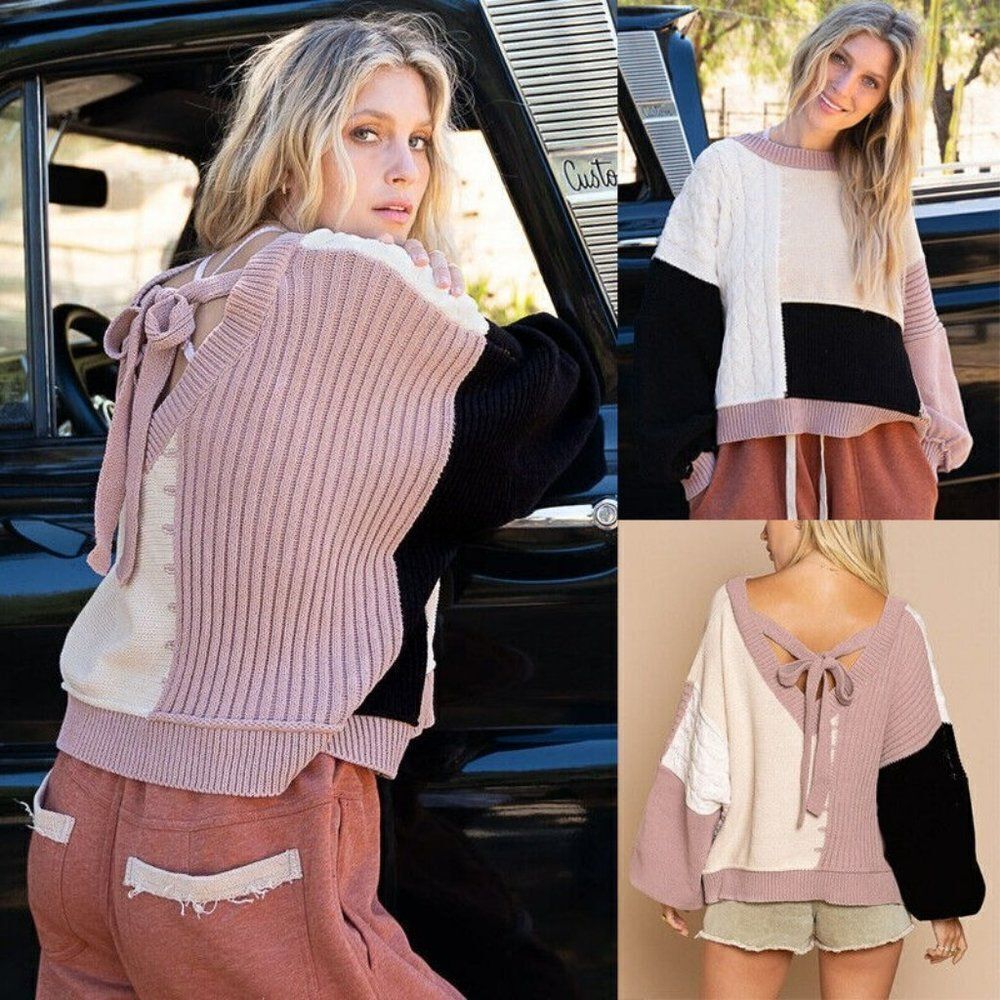 SALE! POL Clothing Colorblock Patch Balloon Sleeves Bow Tie Back Sweater BST557